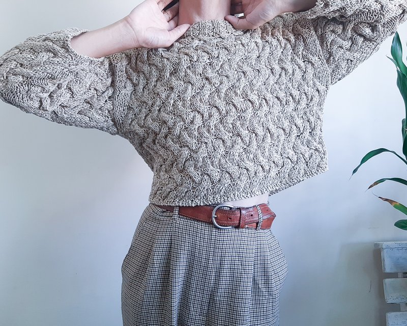 复古棕色棉质钩针毛衣短款上衣毛衣 S 码棕色棉质上衣 - 女装针织衫/毛衣 - 棉．麻 咖啡色