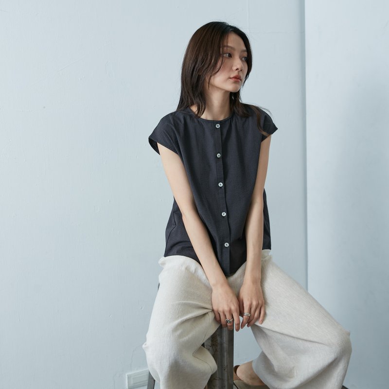 法式两穿排扣上衣 - 黑织条 - 女装上衣 - 棉．麻 黑色