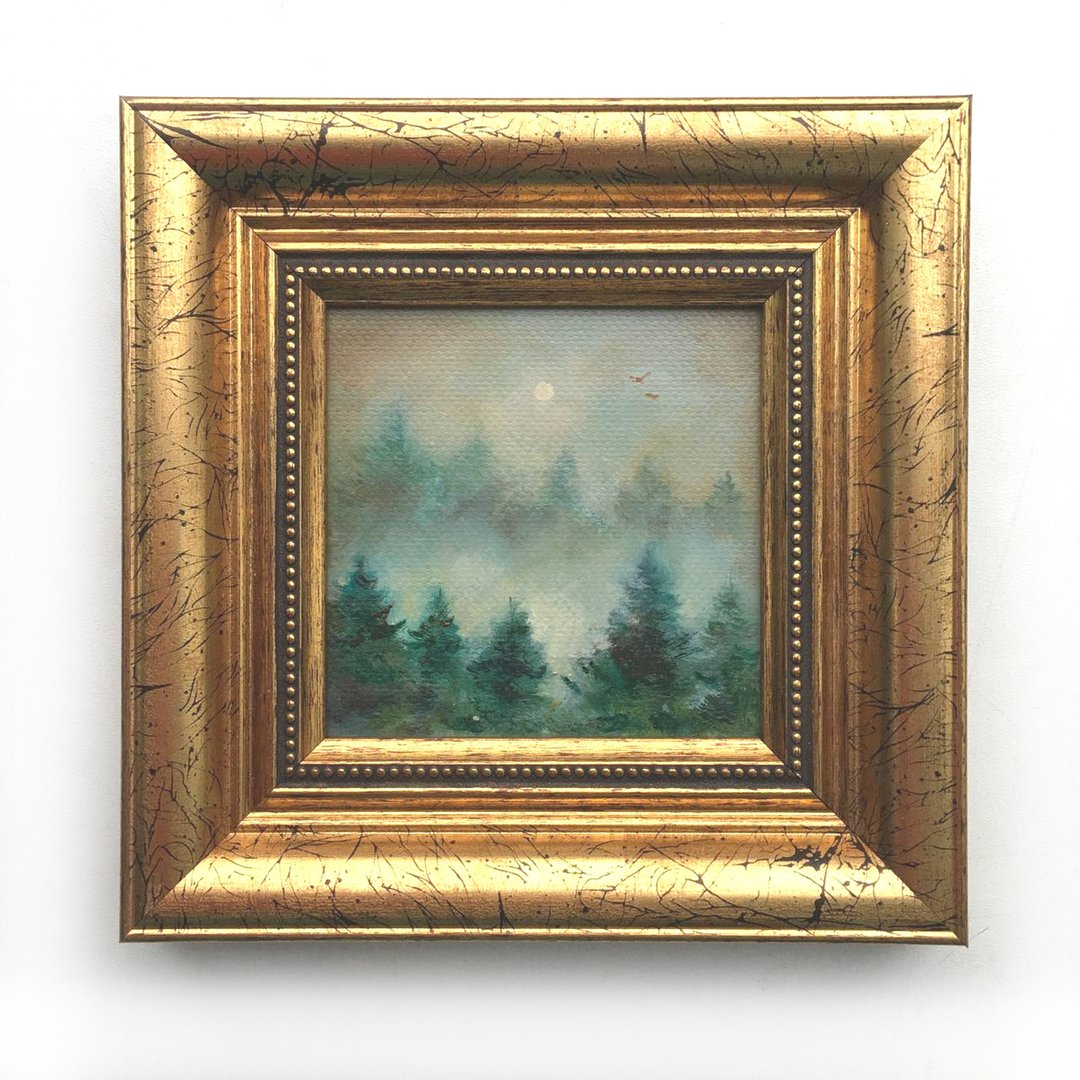 迷雾森林 - 原创微型油画 含古典金箔画框 - 墙贴/壁贴 - 其他材质 白色