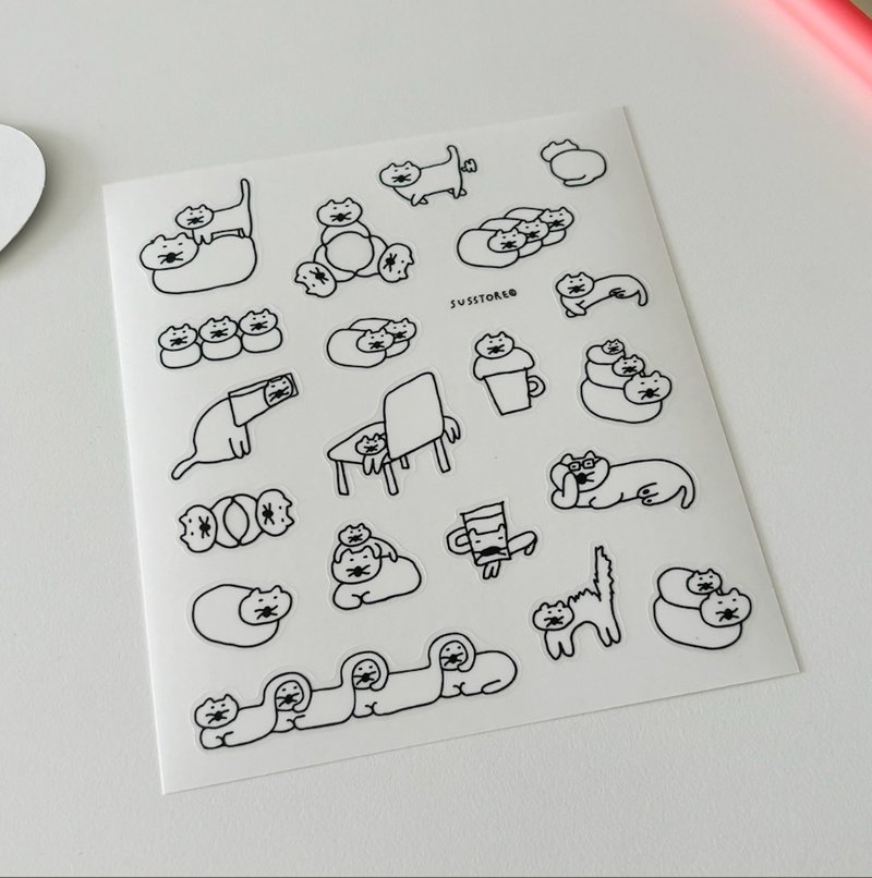 韩国 SUSSTORE - 自在休憩的猫 可重复黏贴透明贴纸 - 贴纸 - 其他材质 白色