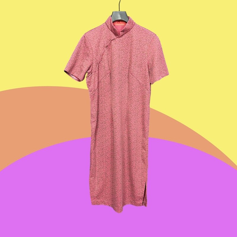 二手 古董订制 暗粉色 印花 毛料 开衩 弹性 短袖 旗袍 CA410 - 洋装/连衣裙 - 聚酯纤维 粉红色