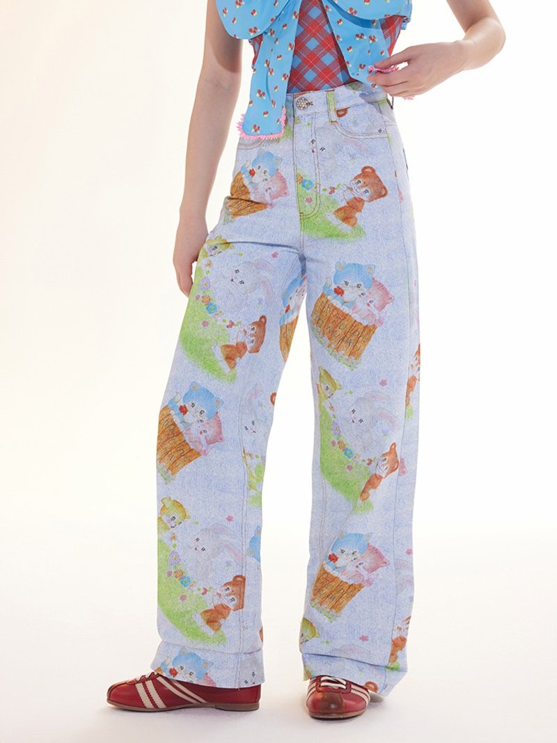 童趣小动物印花  牛仔宽松直筒裤  甜美百搭 - 女装长裤 - 其他材质 多色