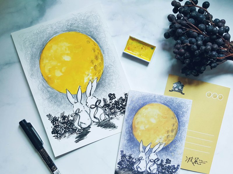 月兔脸圆圆 朋友明信片 复古 中秋节日卡片 - 卡片/明信片 - 纸 黄色