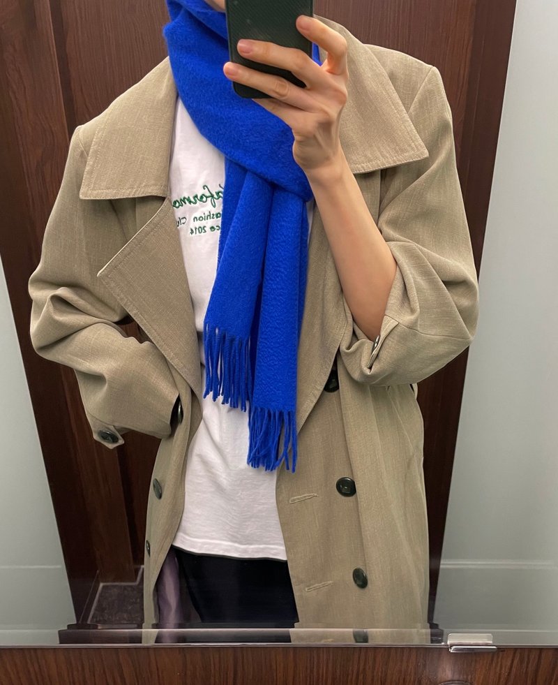 送礼首选 轻薄羊毛含45%羔羊毛流苏围巾 - 克莱茵宝蓝 - 围巾/披肩 - 羊毛 蓝色