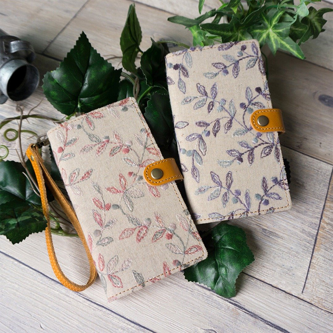 全机种対応 スマホケース 手帐型【ボタニカル 刺繍】リーフ 本革 レザー 纯国产 AL11K - 手机壳/手机套 - 绣线 白色