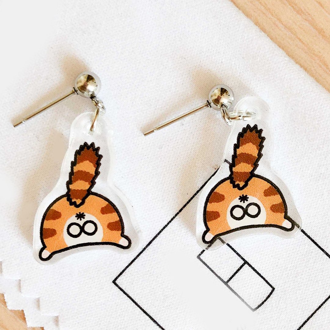 虎斑猫屁屁の抗敏耳针 / 耳环耳夹 (炸毛款) Cats Earring Meow! - 耳环/耳夹 - 防水材质 黄色
