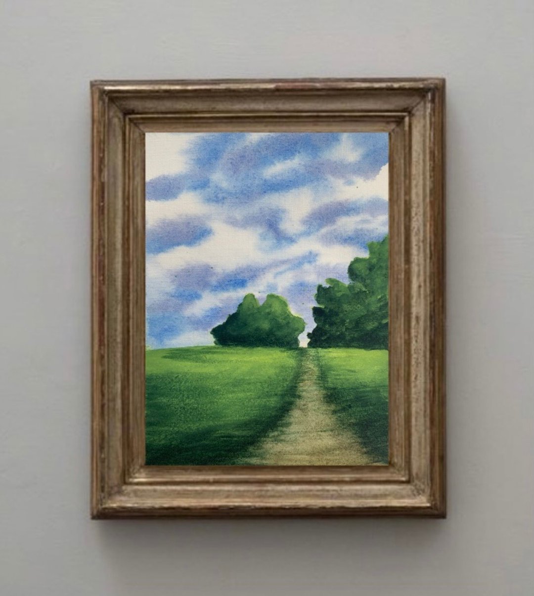 Original Watercolor Painting Green Field Art Blue Sky Landscape Trees Painting - 墙贴/壁贴 - 纸 多色