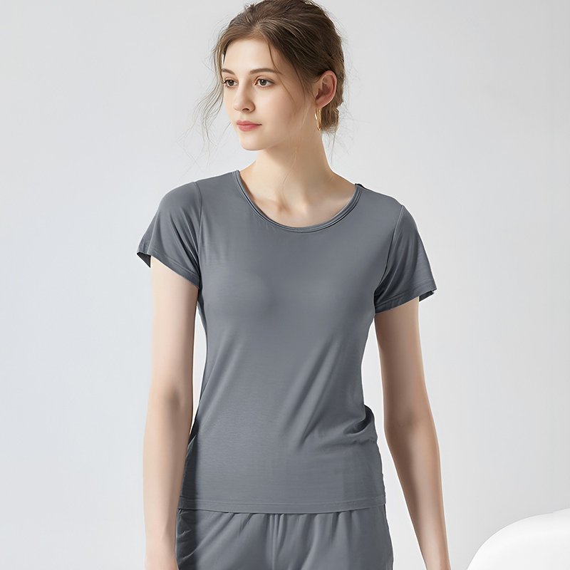 Pink Lady 6色-罩杯式 超柔软莫代尔居家短袖衬垫上衣 BRATOP - 女装 T 恤 - 其他人造纤维 灰色