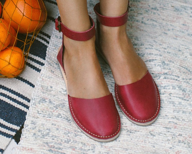 零足跟差、皮革凉鞋、赤足凉鞋、女士皮革凉鞋、女士凉鞋 - 女款休闲鞋 - 真皮 红色