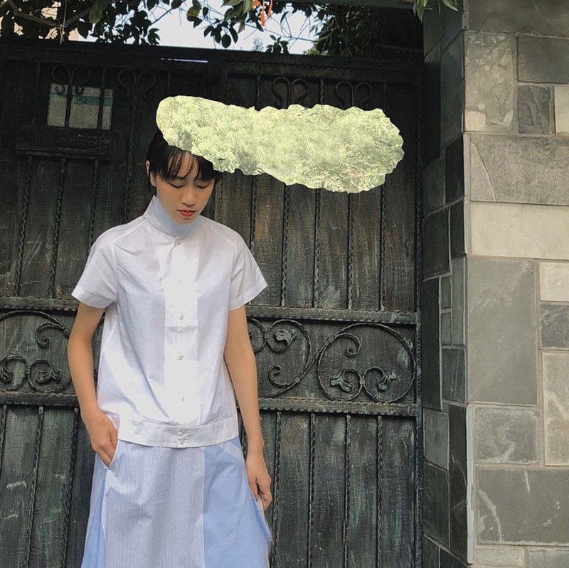 白色高领短袖衬衫 - 女装衬衫 - 棉．麻 白色