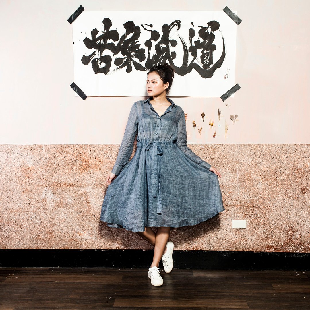 纯苎麻洋装长袖伞状裙100%RAMIE DRESS ONE PIECE_CD006 - 女装上衣 - 棉 蓝色