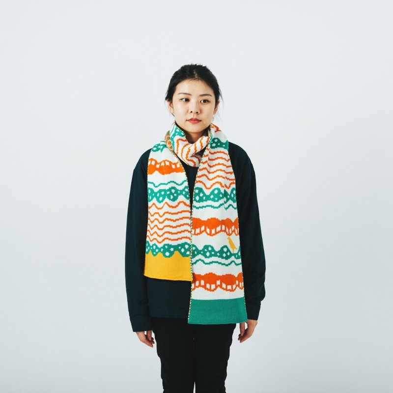 浪花 提花针织围巾 - 橘白绿 / 印花乐 x Yu Square 联名 - 围巾/披肩 - 其他人造纤维 白色