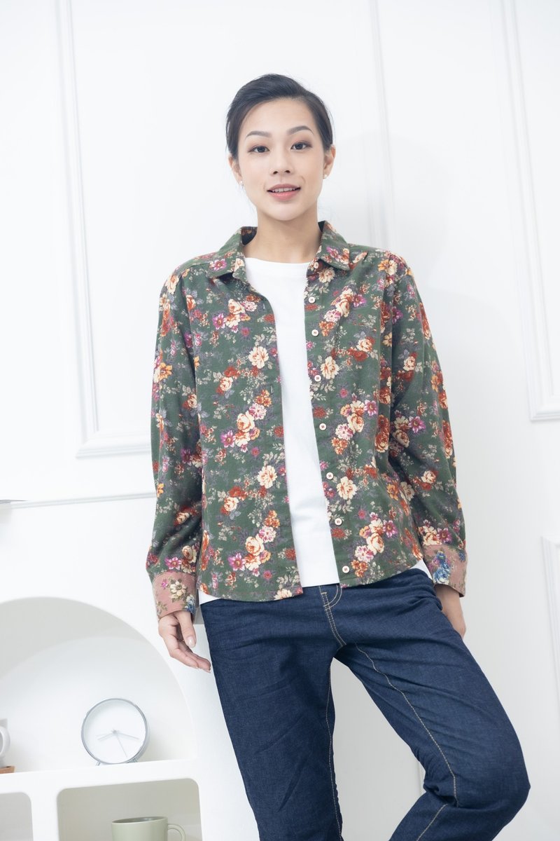 牡丹花粉色袖口上衣 墨绿色 - 女装上衣 - 其他材质 绿色