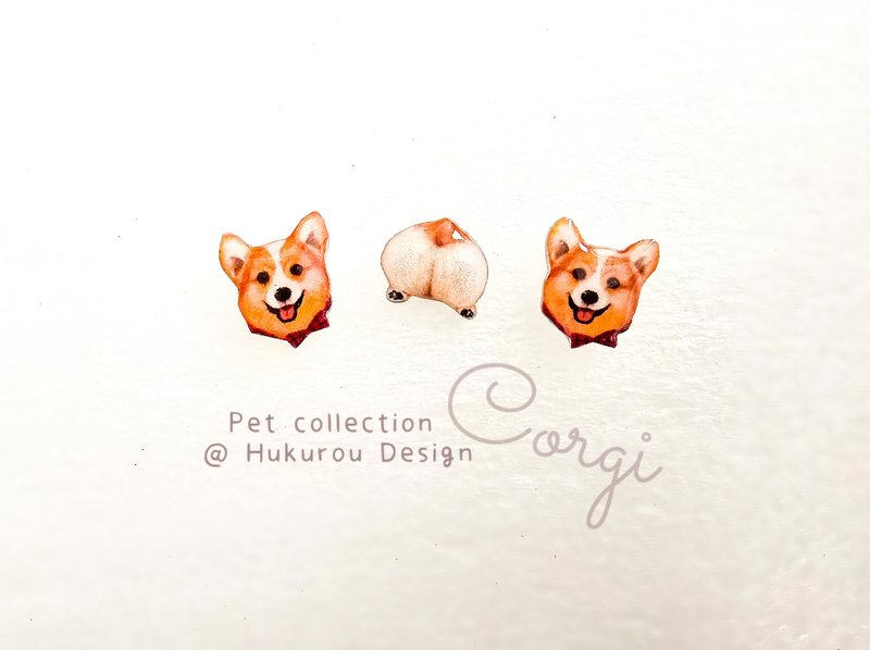 | 手绘宠物系列 | 柯基宝宝/屁屁贴耳耳环 - 耳环/耳夹 - 其他材质 