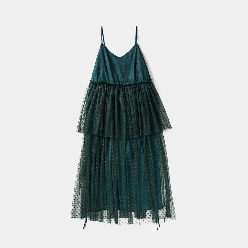 墨绿色网纱吊带连身裙 拼接抽褶小蓬蓬裙 - 裙子 - 其他材质 绿色