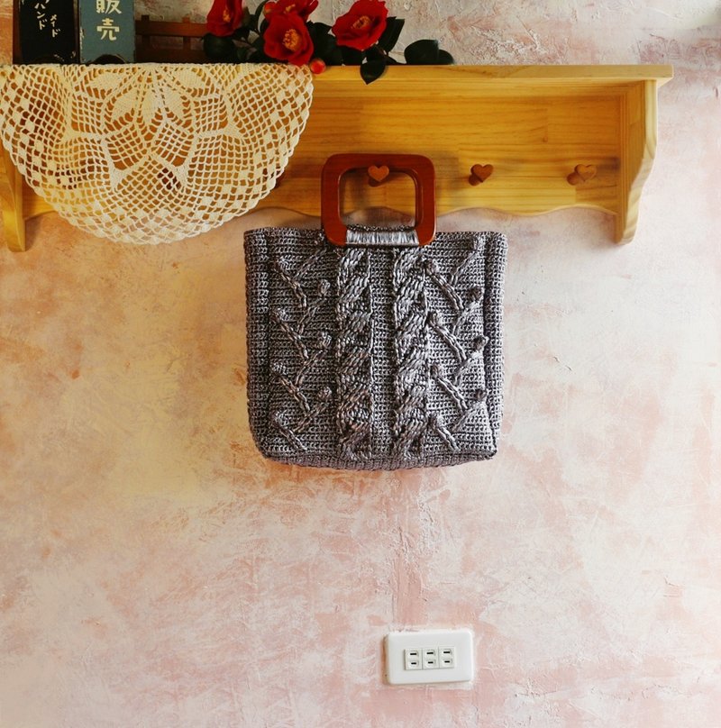 【订制】Handmade手工编织绳编织袋/手提包/木把手包/木柄 - 手提包/手提袋 - 其他材质 灰色