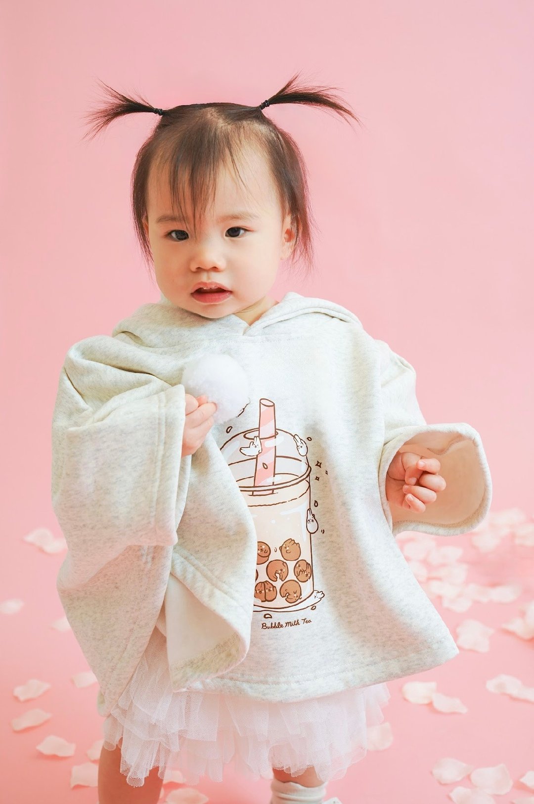 Kid-麻糬兔珍奶小孩厚款斗篷帽衣 (麻白) - 童装外套 - 棉 白色