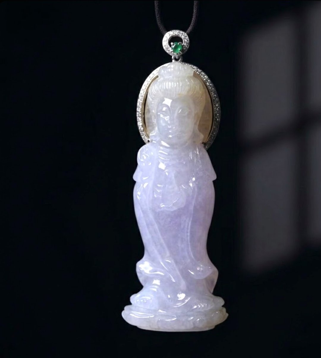 冰紫罗兰宝瓶观音菩萨项链 18K 金钻石 | 天然缅甸玉 A 货翡翠 | 送礼 - 项链 - 玉石 紫色