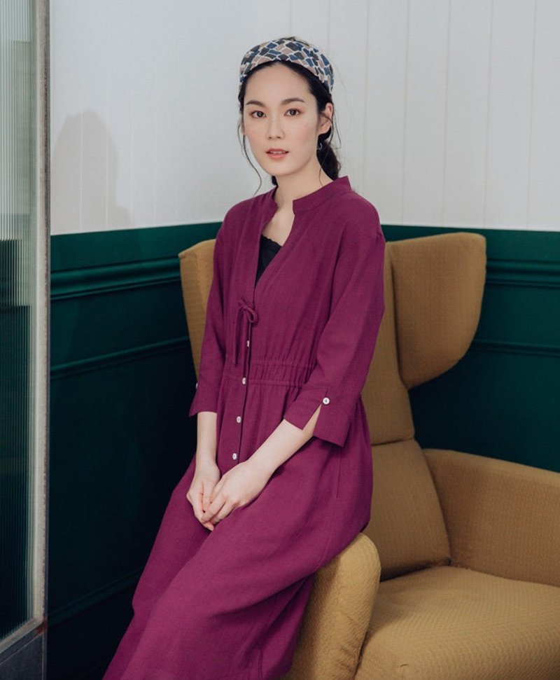 葡萄风信子可拆绑带开襟洋装 - 洋装/连衣裙 - 棉．麻 紫色