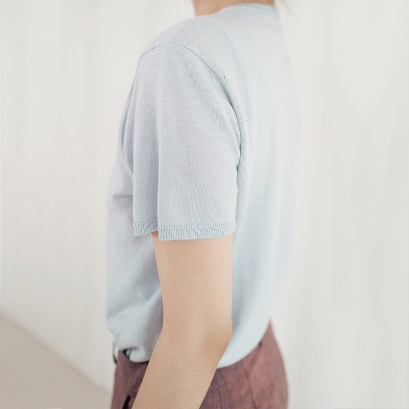 板栗研衣所 | 独立设计 烟雨蓝超薄汉麻匹马棉SUPIMA短袖针织机洗 - 女装针织衫/毛衣 - 棉．麻 