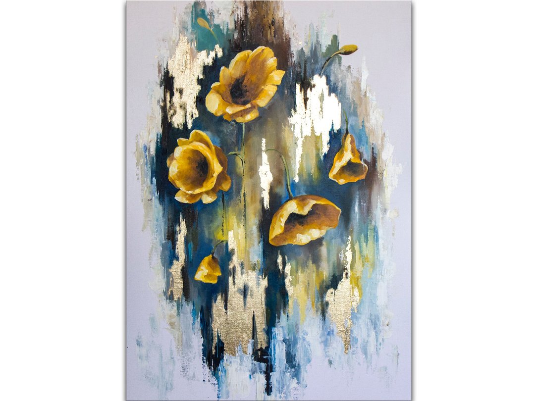 Poppy Painting Yellow Flower Original Art Large Abstract Floral Original Artwork - 海报/装饰画/版画 - 其他材质 黄色