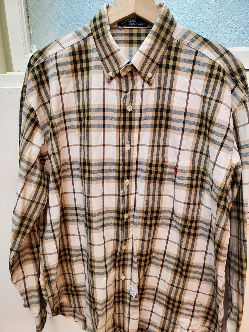 有礼貌穿搭 日本古着 polo ralphlauren 格纹 棉质 长衬 M号 - 男士长裤 - 棉．麻 卡其色