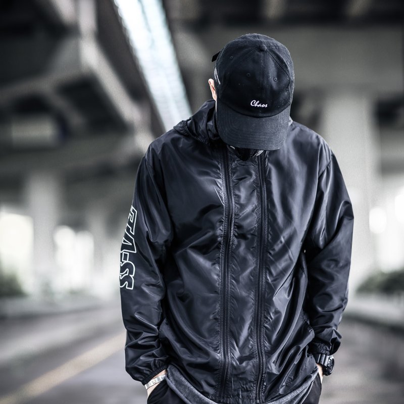 双拉链冲锋衣 轻薄皮肤衣 连帽外套 - 男装外套 - 其他材质 黑色