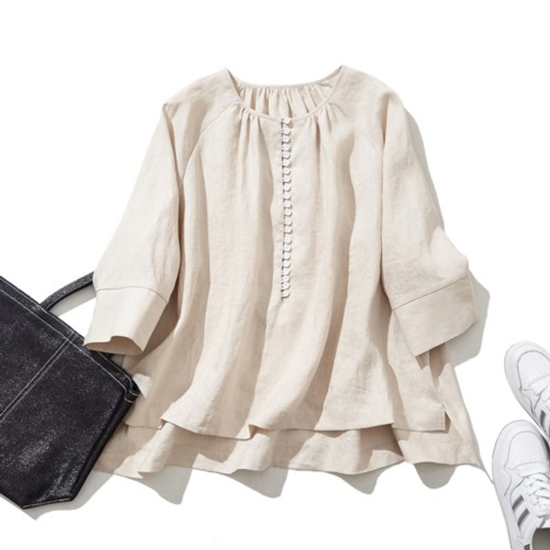 流动感亚麻衬衫 自然皱褶光影 经典米色 230404-1 - 女装上衣 - 棉．麻 