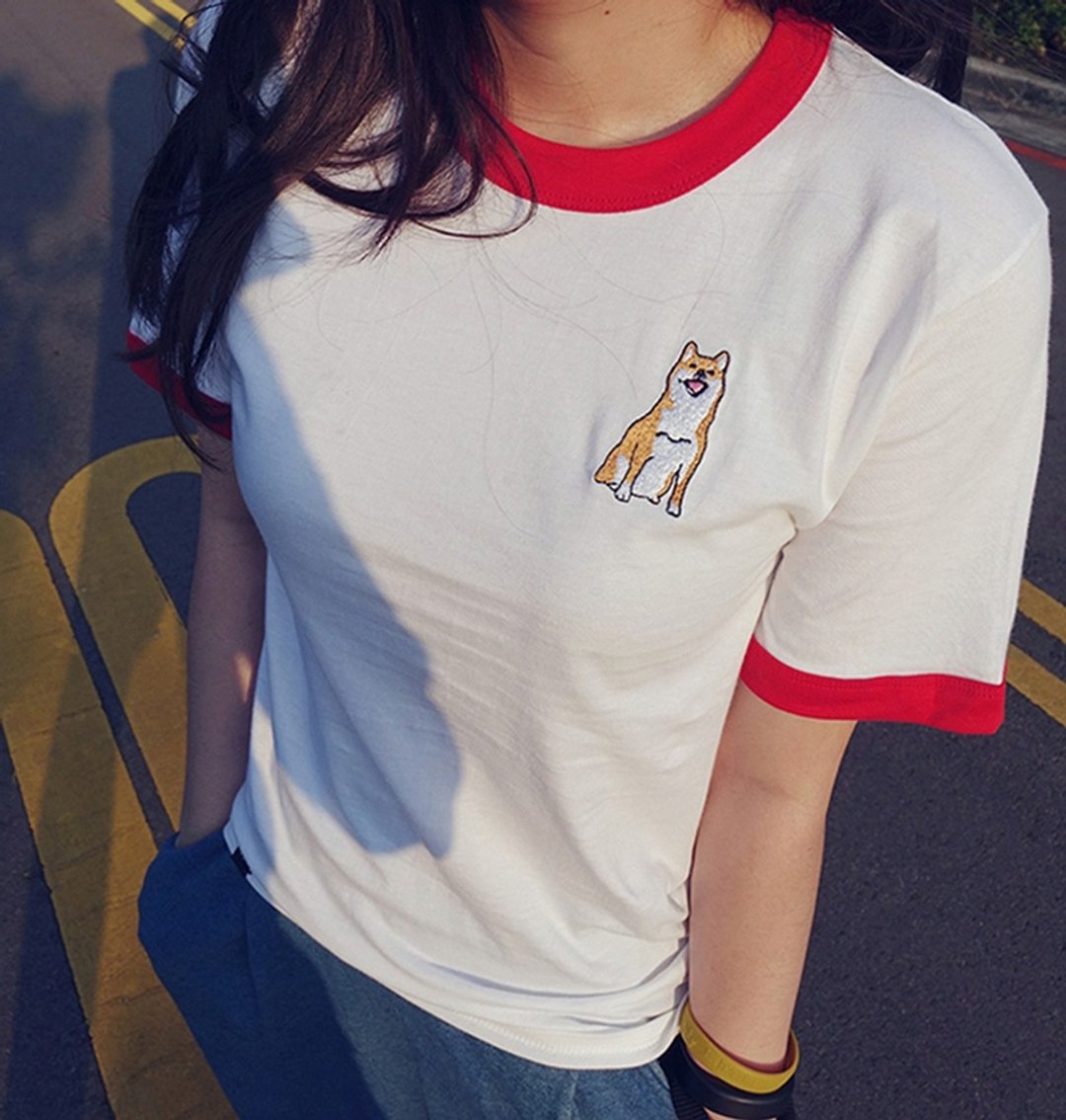 柴犬刺绣短T-shirt - 男装上衣/T 恤 - 棉．麻 白色