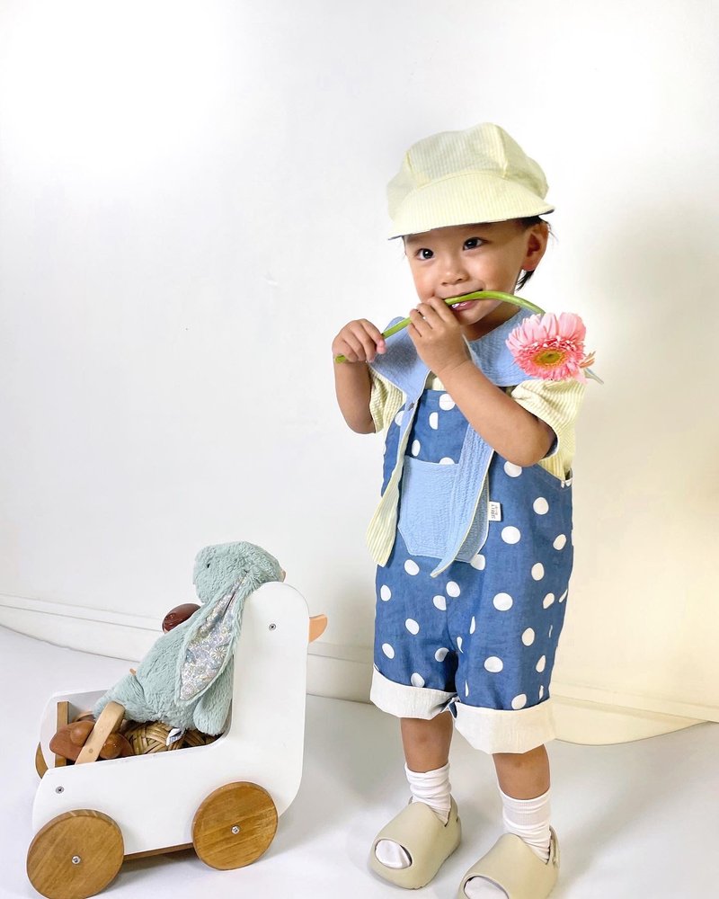 迷糊旅人指南 | 双面牛仔吊带水兵领衬衫四件套组 - 满月礼盒 - 棉．麻 蓝色