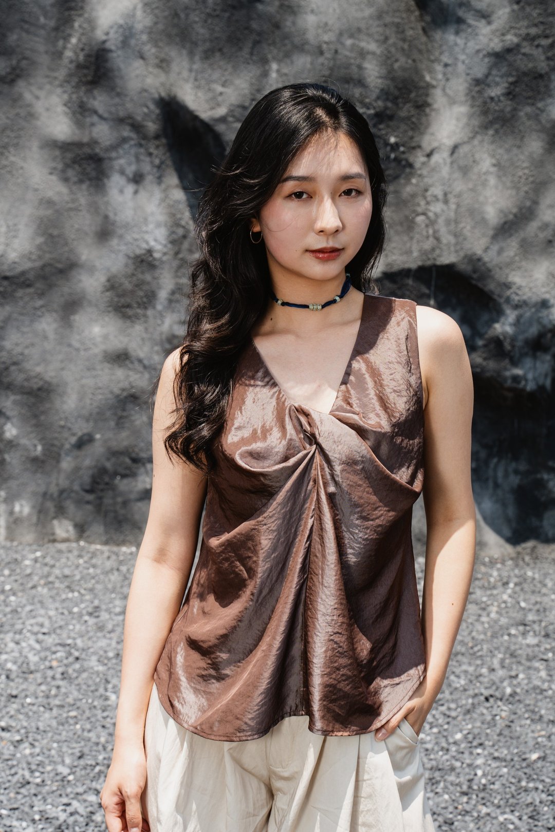 驼色前襟扭结无袖上衣 - 女装上衣 - 其他材质 咖啡色