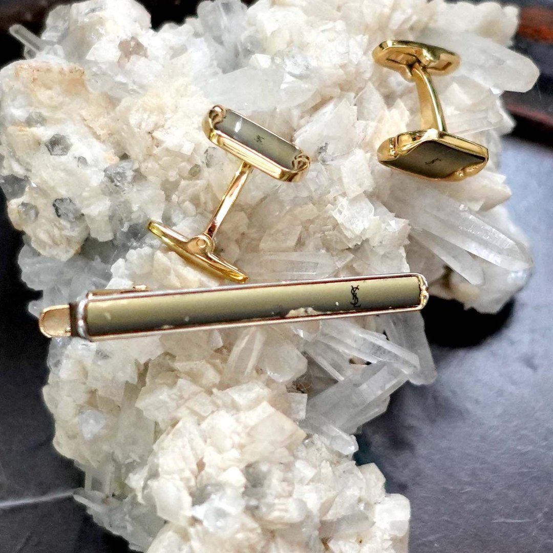 中古金色YSL SAINT LAURENT袖口钮领带夹呔夹 高级男仕西装衬衫 - 领带/领带夹 - 其他金属 金色