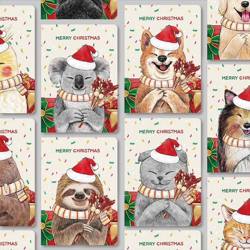 【圣诞款】动物插画卡片_温馨手绘/干燥花/万用卡 - 卡片/明信片 - 纸 红色