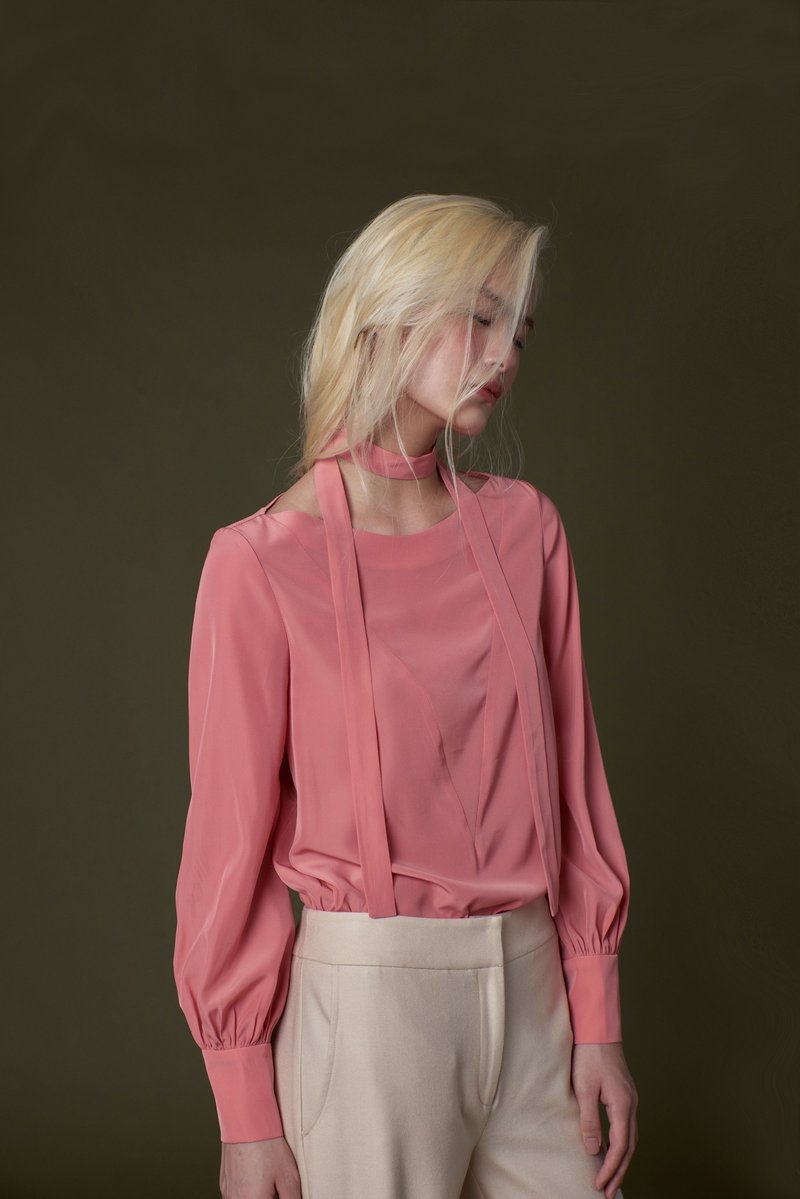 粉橘细长领巾衬衫 - 女装上衣 - 聚酯纤维 粉红色