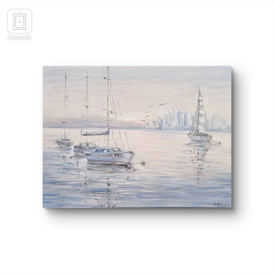 帆船油画原创艺术厚涂海景画城市油画 - 墙贴/壁贴 - 棉 蓝色