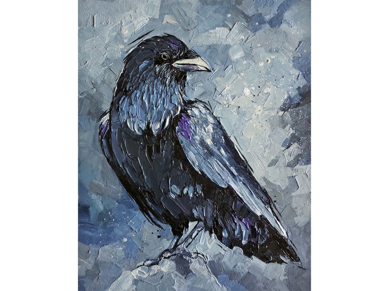 Crow Painting Bird Original Art Raven Artwork Small Oil Painting Crow Wall Art - 海报/装饰画/版画 - 其他材质 灰色