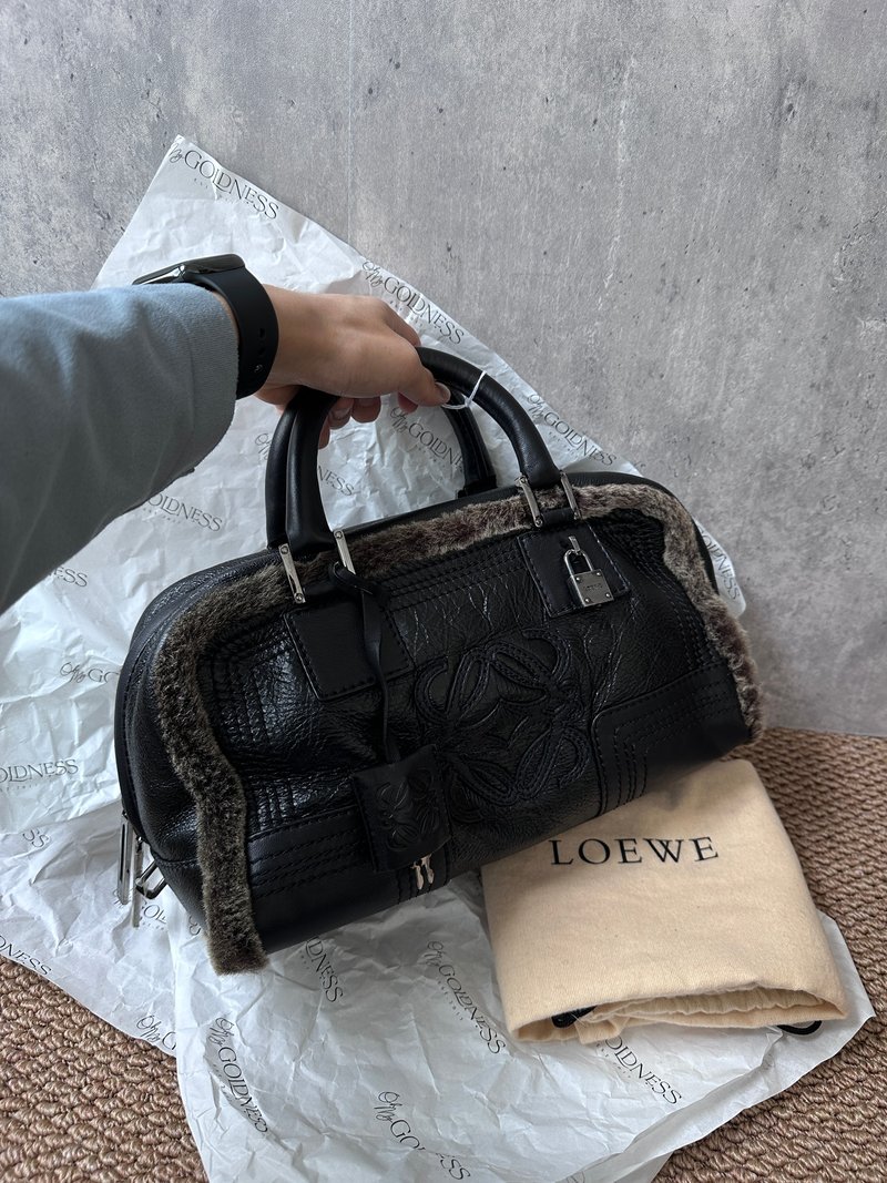 中古包 LOEWE 罗意威 Amazona 麂皮拼接毛毛手袋 - 手提包/手提袋 - 真皮 咖啡色