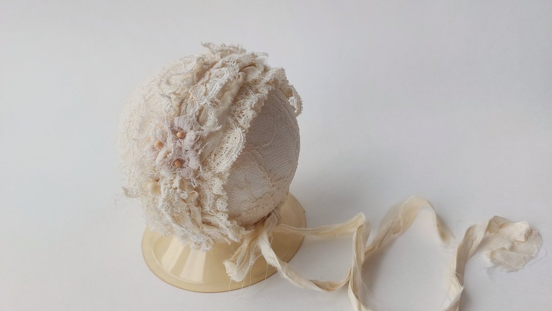 Baby bonnet, Newborn vintage bonnet, boho hat, Newborn photography props - 婴儿帽/发带 - 棉 