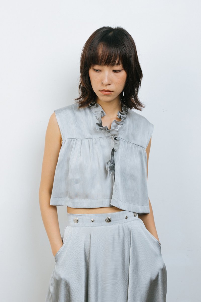 丝质荷叶边上衣 Silver Silk Ruffles Top - 女装背心 - 其他材质 银色