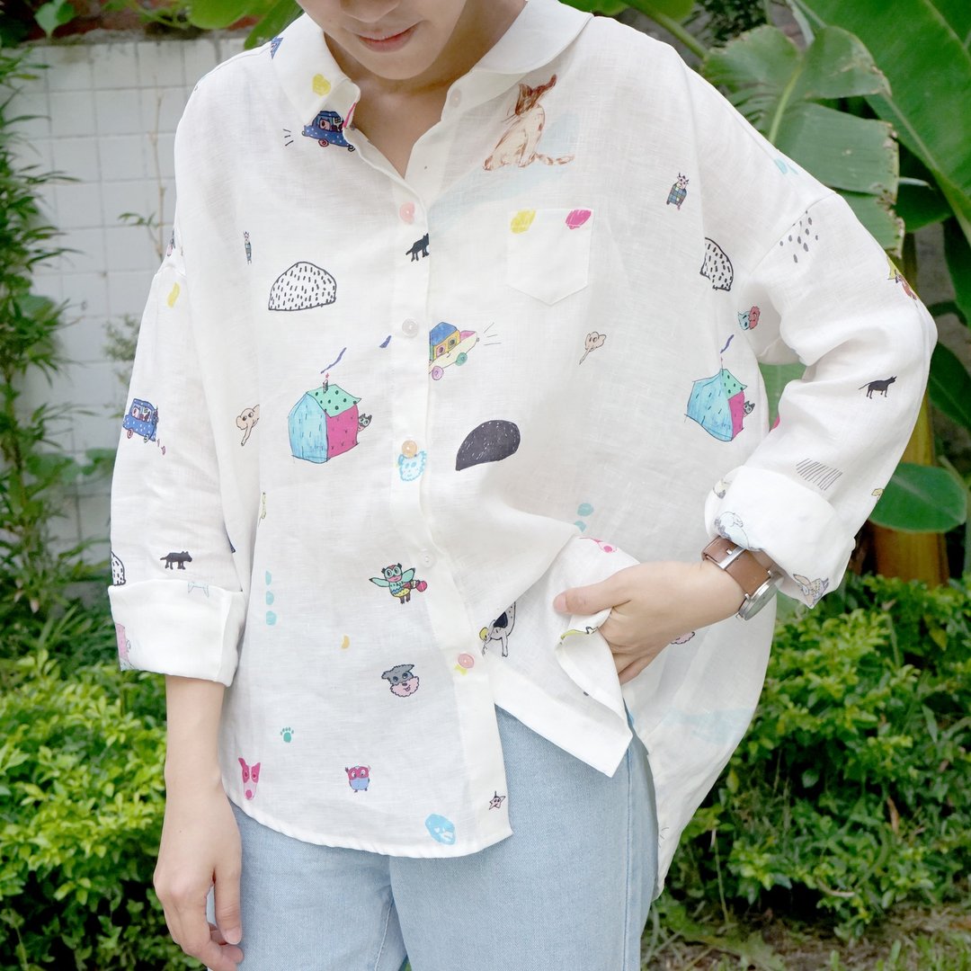 last one YINKE WORLD小狗、星星好大、大象、小猫印花长袖宽松衬 - 女装衬衫 - 棉 