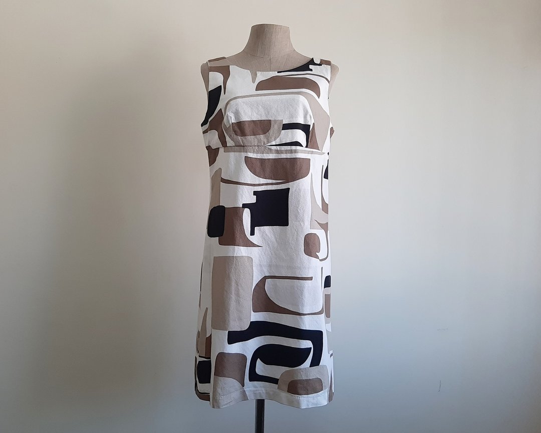 Vintage Sinequanone Abstract Print Mod Dress Brown White Cotton Sleeveless XS - 洋装/连衣裙 - 棉 咖啡色