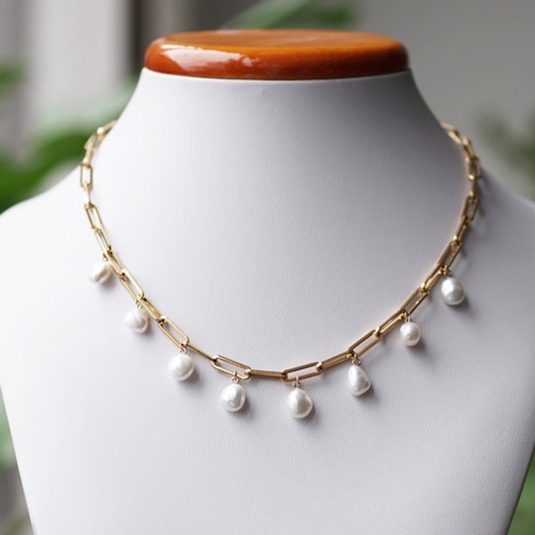 Baroque Freshwater Pearl Bib Necklace Surgical Stainless Steel Mantel 45cm Kapitolina - 项链 - 宝石 金色