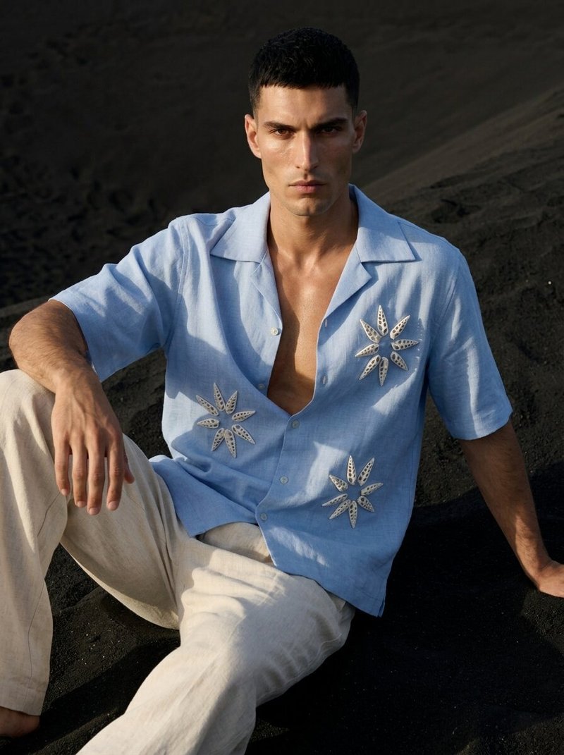 LA ISLAND  职人手作 贝壳刺绣 亚麻古巴领衬衫 - 男装衬衫 - 亚麻 蓝色