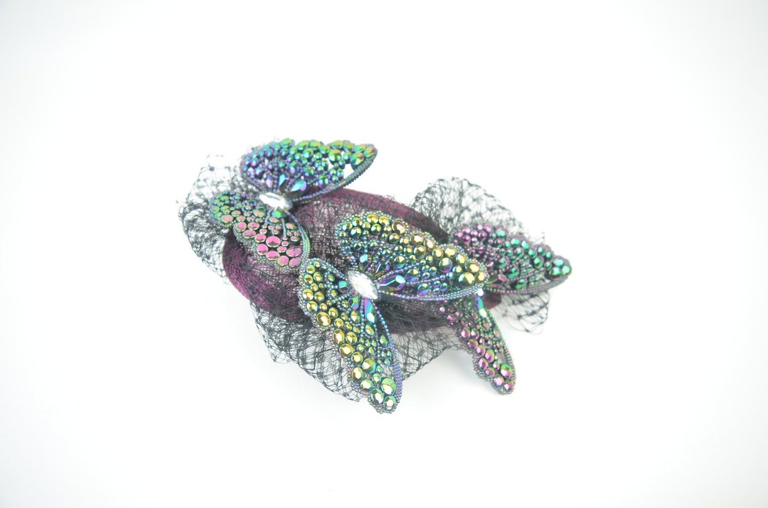 Fascinator Headpiece Crystal Jewelled Butterflies Cascading with Black Veil - 发饰 - 其他材质 紫色