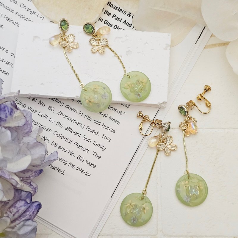 翩翩 -  夹式耳环 针式耳环 不锈钢防过敏 - 耳环/耳夹 - 其他金属 绿色