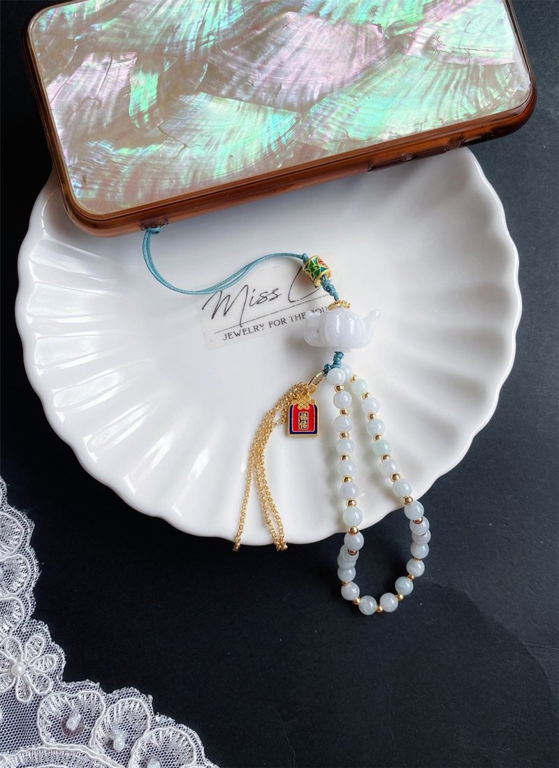 天然缅甸玉 翡翠 把把胡 白翡茶壶 招财 挂绳 手机链 礼物 - 吊饰 - 玉石 绿色