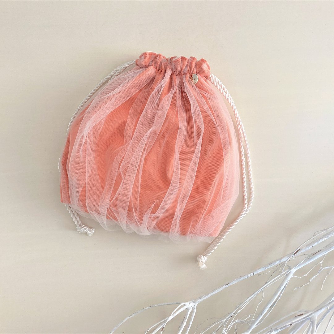 NEWOver Tulle Gather Purse Coral Orange - 化妆包/杂物包 - 棉 橘色