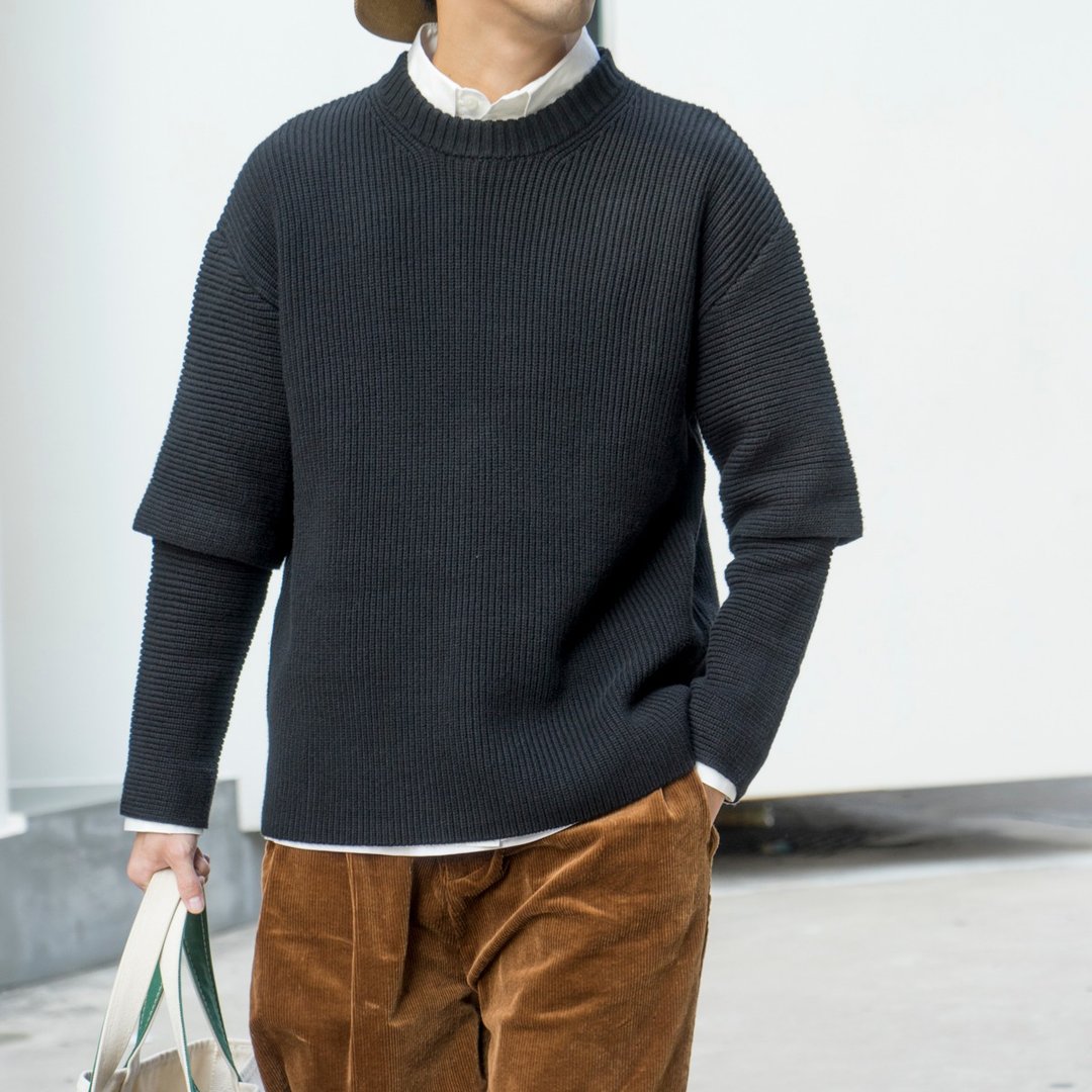 【Off-season sale】SWEARTER 冬季日系毛衣 保暖黑色毛衣質感 - 男装针织衫/毛衣 - 棉 黑色