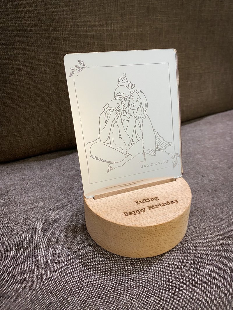 镜画小夜灯—定制化夜灯 镜子似颜绘 压克力 可雷雕文字 木头底座 - 灯具/灯饰 - 压克力 金色