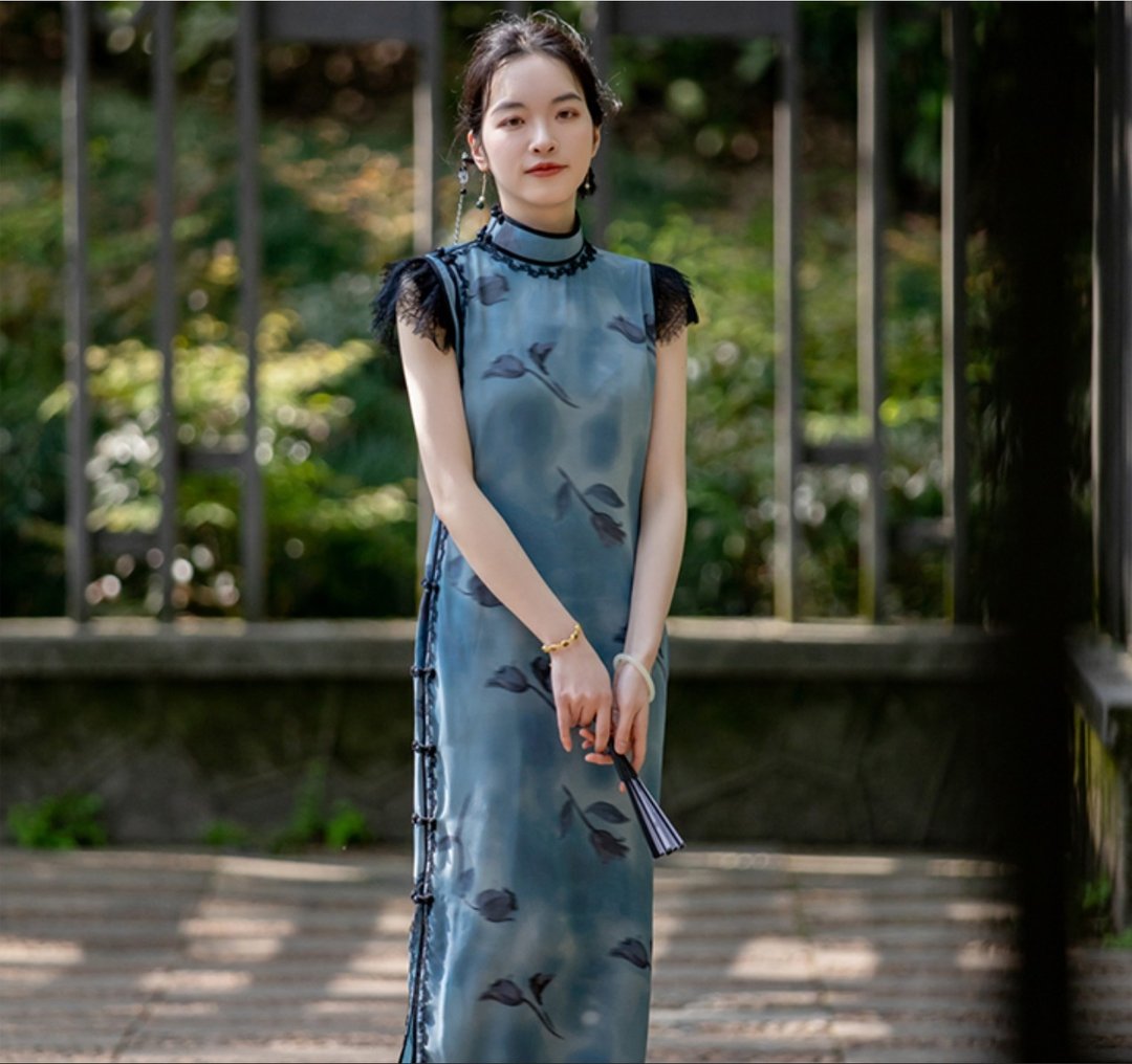 郁金香 新中式复古 修身古法旗袍 - 旗袍 - 聚酯纤维 蓝色